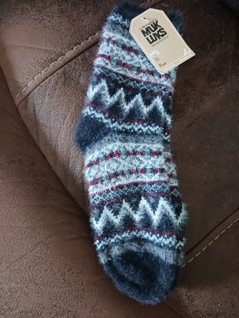 Muk Luks Women's Fuzzy Fair Isle Socks - Gray, White & Red